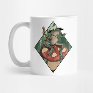 Sage frog chilling on toadstool black diamond frame version Mug